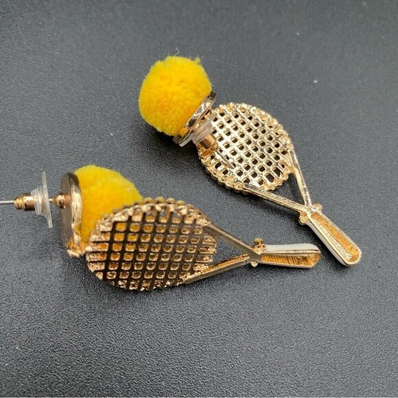 Cute Tennis Racket Statement Earrings with PomPom and Rhinestones - Picture 8 of 8